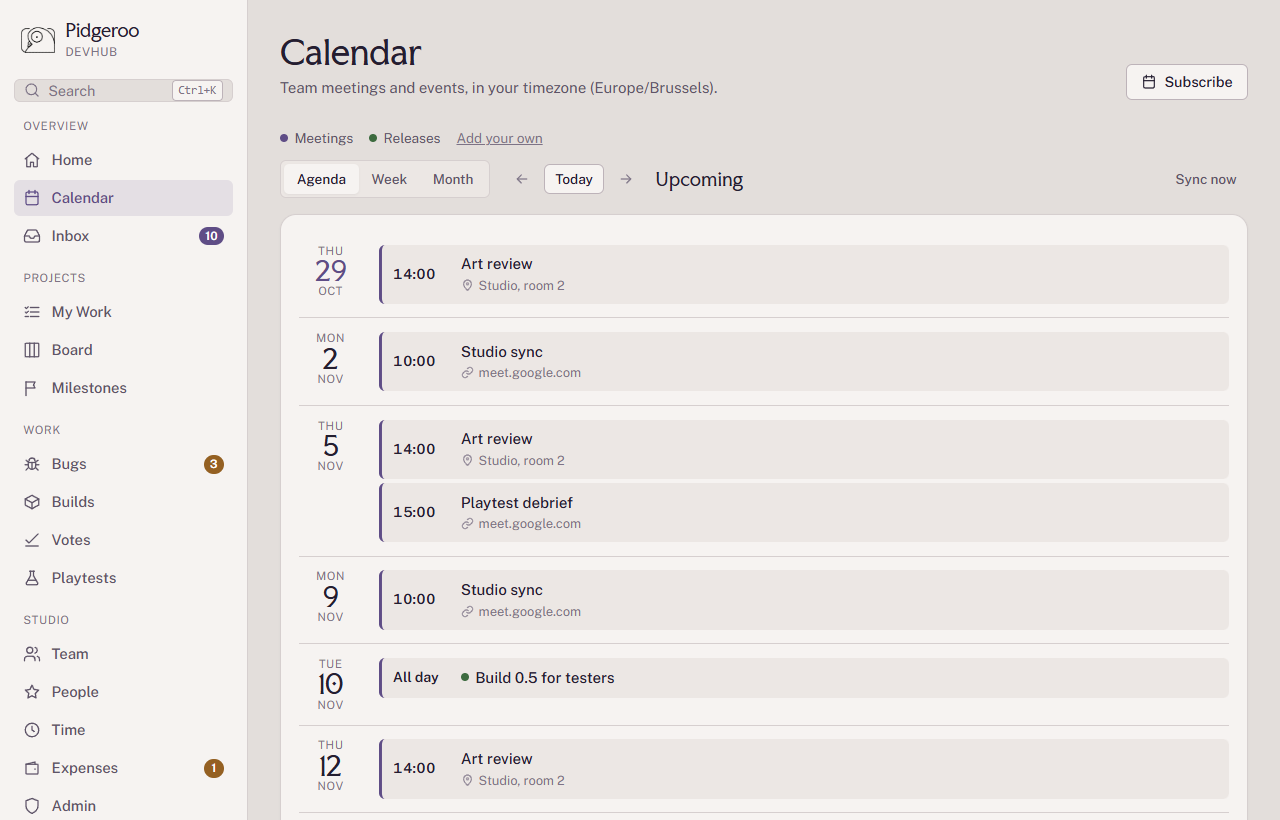 The agenda view, listing meetings day by day
