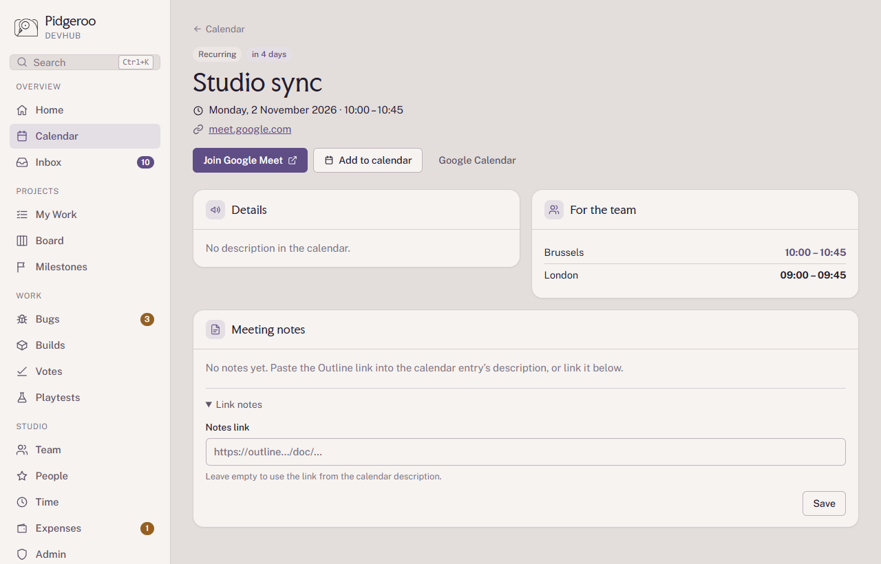A meeting page with join button and notes