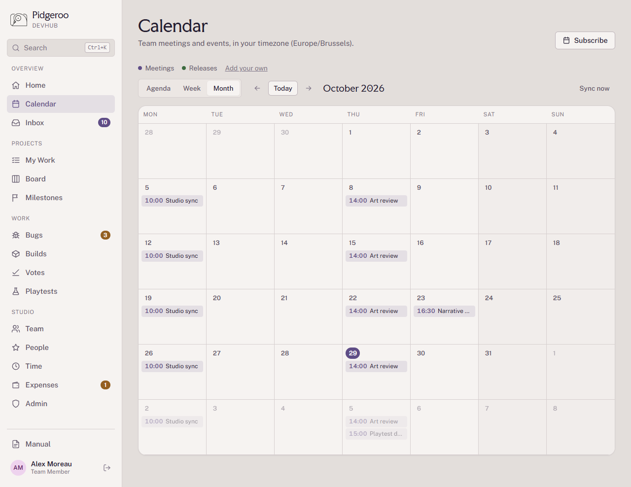 The month view of the calendar