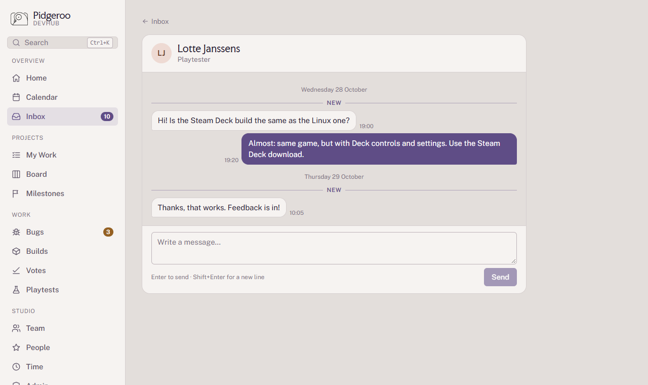 A chat between a team member and a playtester