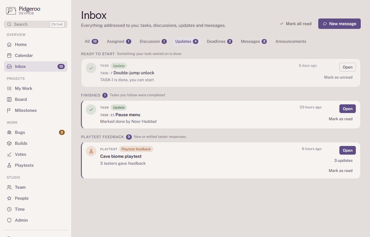 The Updates tab, grouped into Ready to start, Finished and Playtest feedback