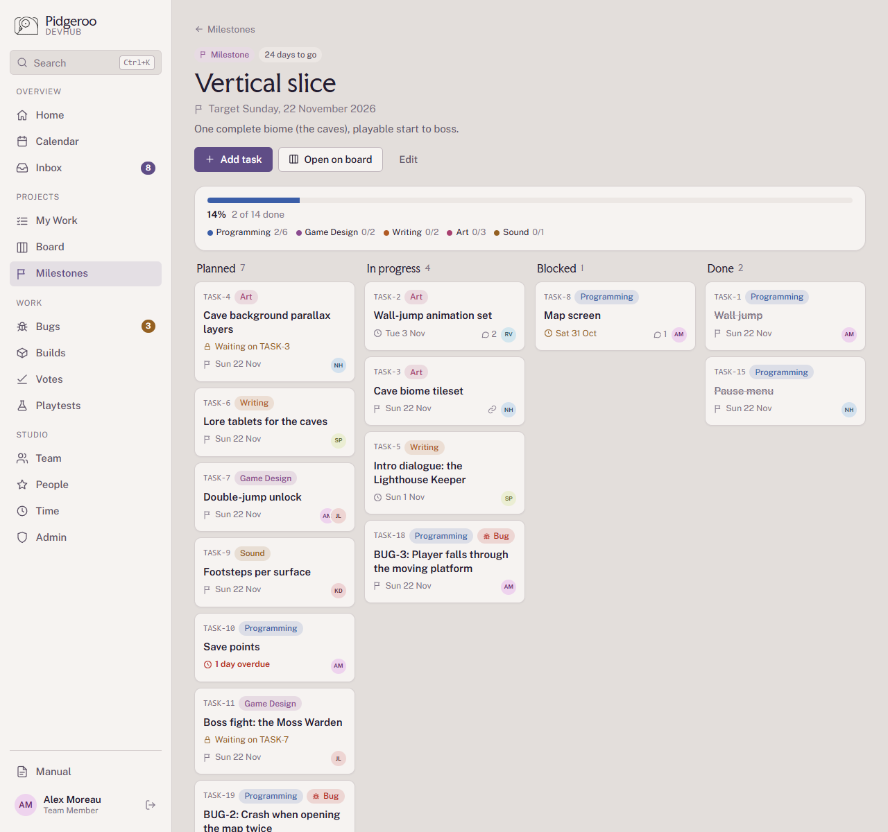 A milestone page with progress per discipline and its tasks