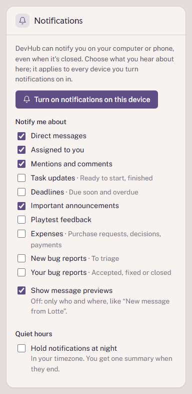 The Notifications card on the profile page, with the switches for each kind