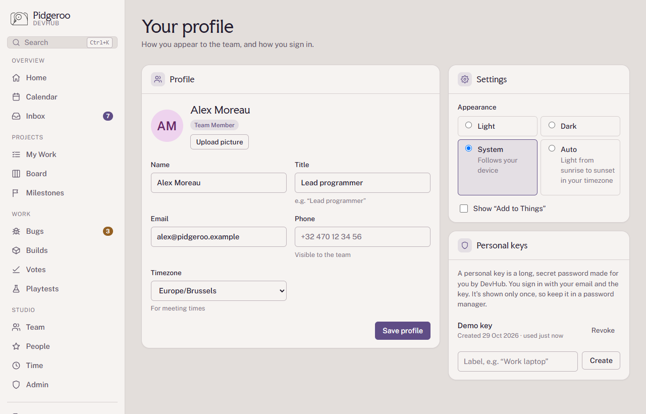 The profile page with personal details, settings and personal keys