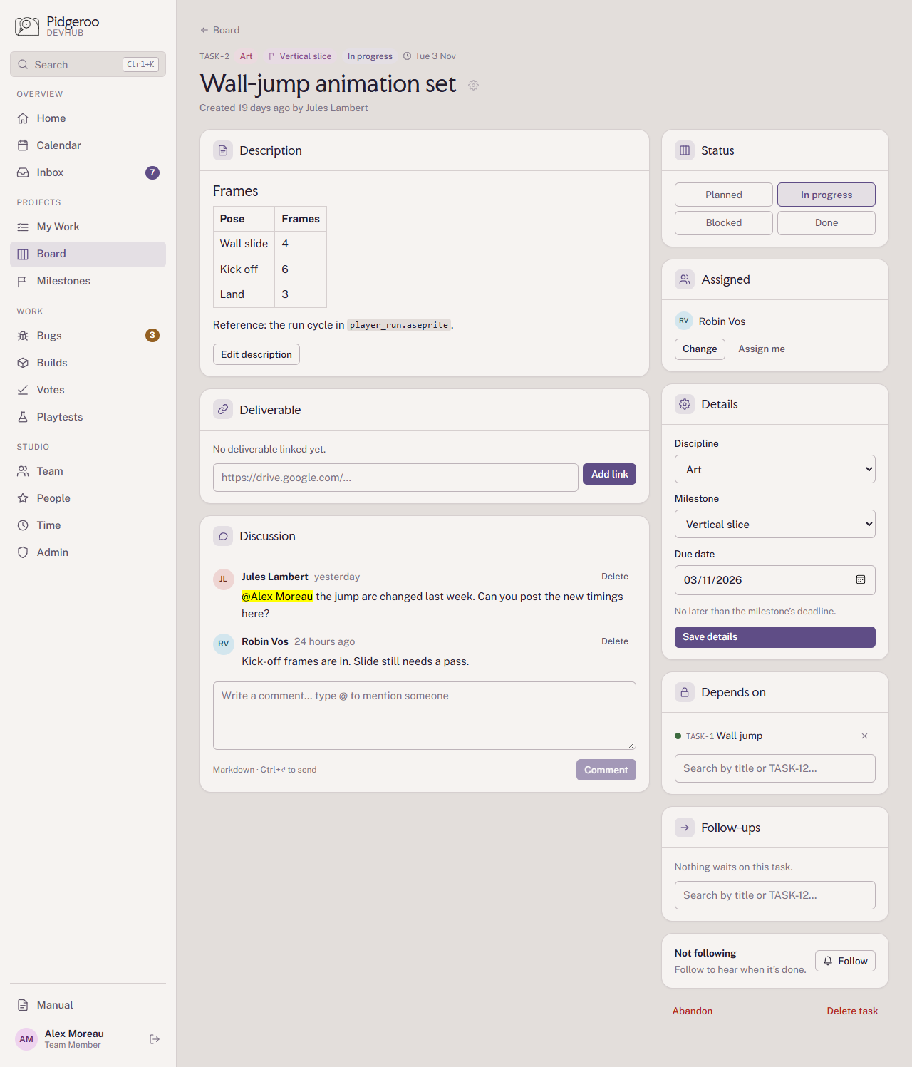 A task page with description, discussion, status, details and dependencies